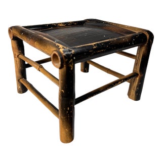 Boho Chic Bamboo Black Painted Distressed Low Riser/Plant Stand For Sale
