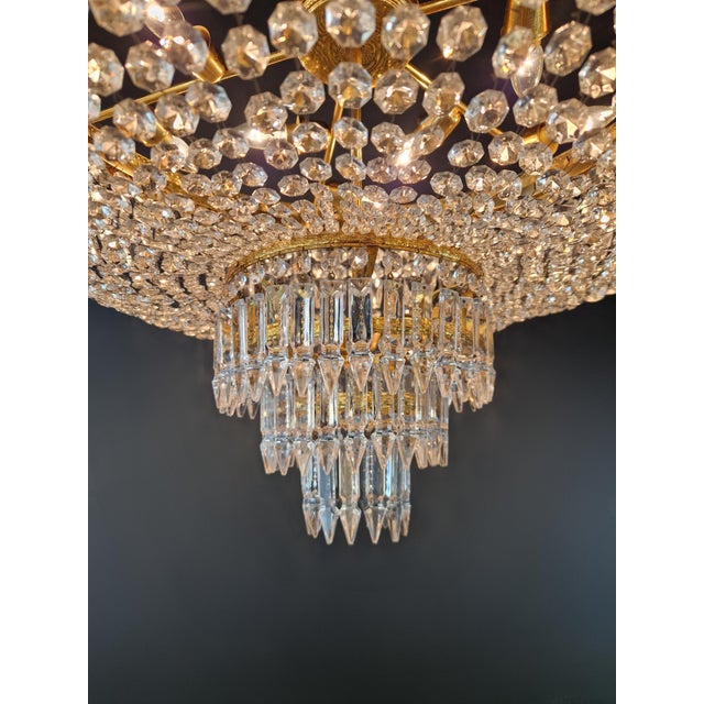 1930s Low Plafonnier Crystal Chandelier Brass Lustre Ceiling Art Deco Gold For Sale - Image 12 of 12