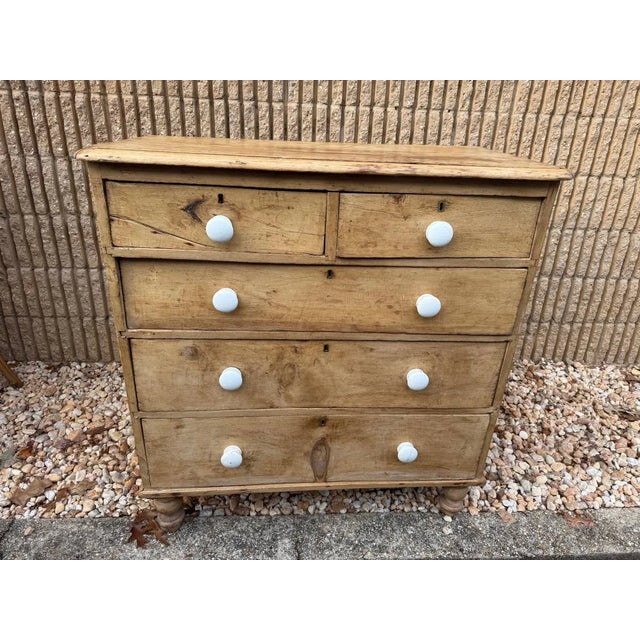 Antique English Solid Stripped Pine 5 Drawer Chest of Drawers or Dresser. Solid wood , dovetail joint construction, turned...
