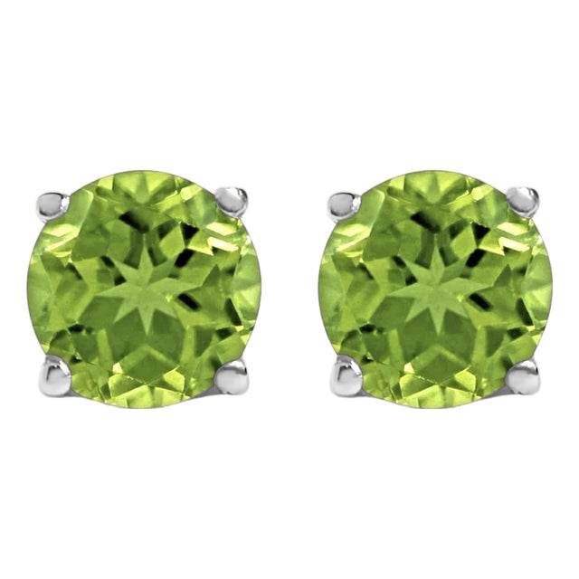 14K White Gold 5X5MM Round Green Peridot Solitaire Stud Earrings For Sale