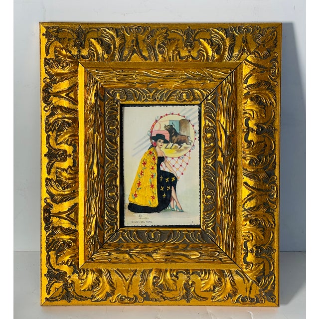 Spanish antique silk embroidered postcard of a Flamenco dancer and bullfighter image in background, framed in wide ornate...