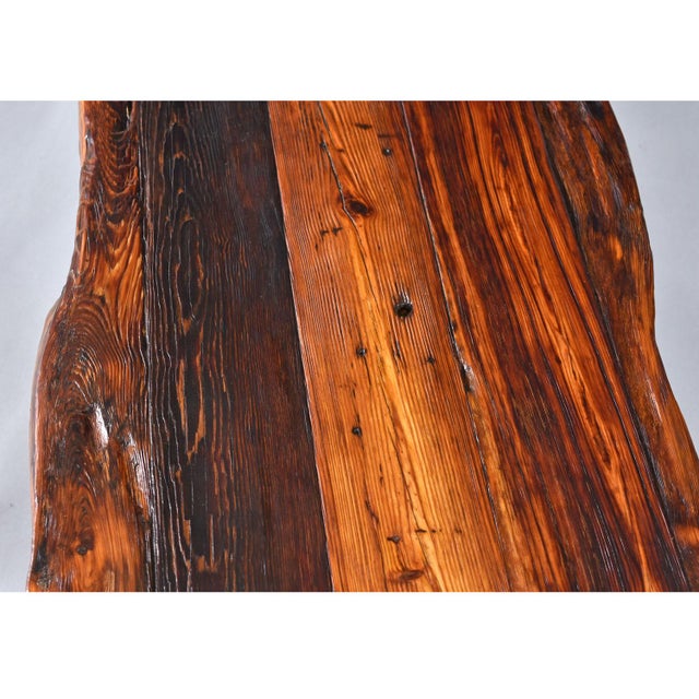 Custom Made Lived Edge Heart of Pine Slab Coffee Table on Modern Wood Base For Sale - Image 6 of 10
