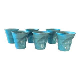 Set of 6 Revol France Porcelain Crumple Espresso Cappuccino Cups in Aqua Blue 4.5” Tall Modern French Ceramic Tumblers For Sale