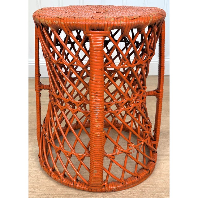 Wood Vintage Boho Orange Wicker Round Plant Stand For Sale - Image 7 of 11