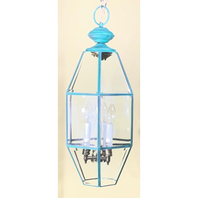 1980s Vintage Hexagonal Solid Brass Hanging Lantern / Foyer Pendant Light 24”h X 10” W For Sale - Image 5 of 18