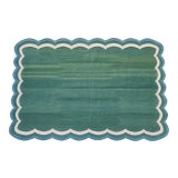 Handmade Cotton Scalloped Rug, Forest Green with Cream and Blue Full Border - 9'x12' For Sale
