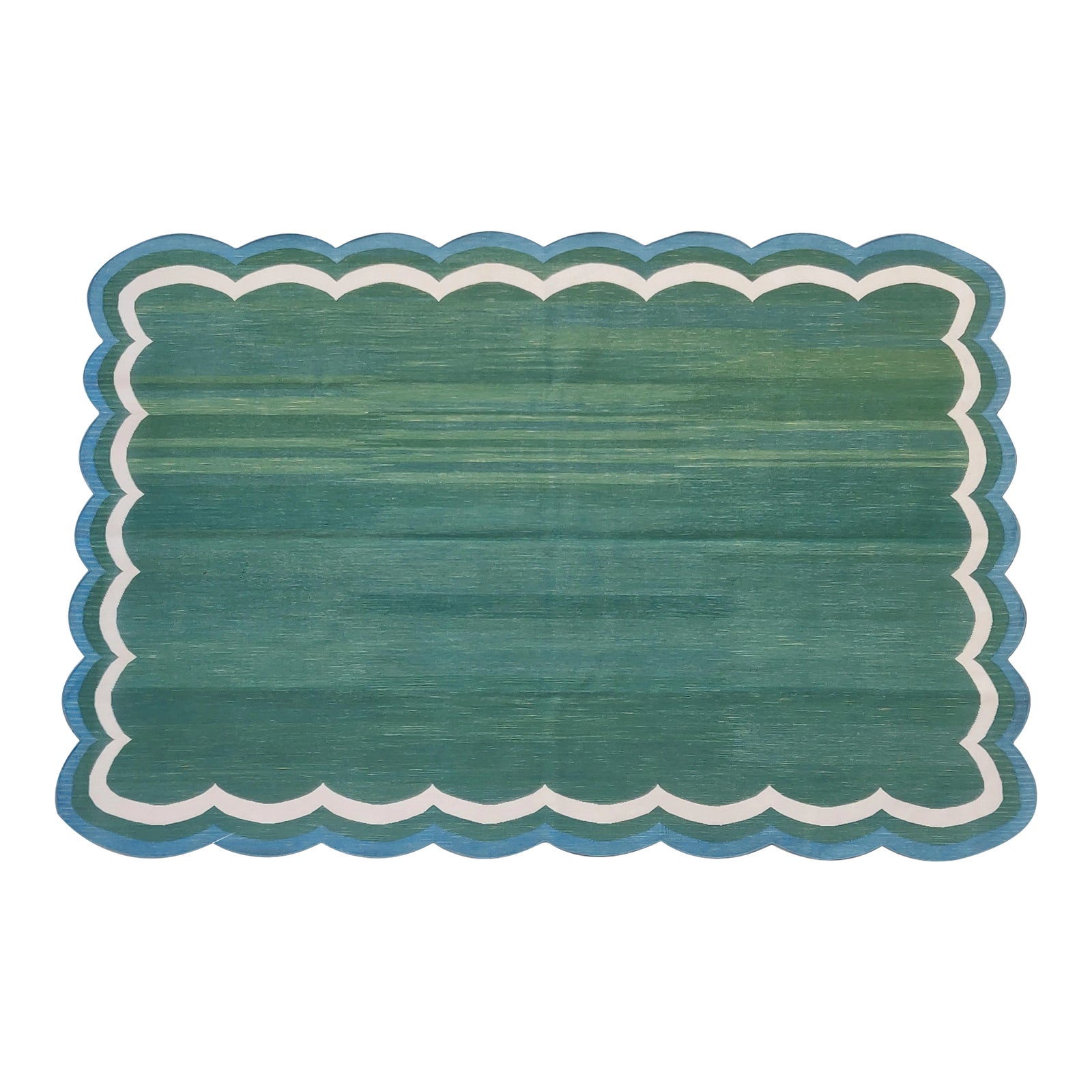 Handmade Cotton Scalloped Rug, Forest Green with Cream and Blue Full Border 9'x12' Chairish