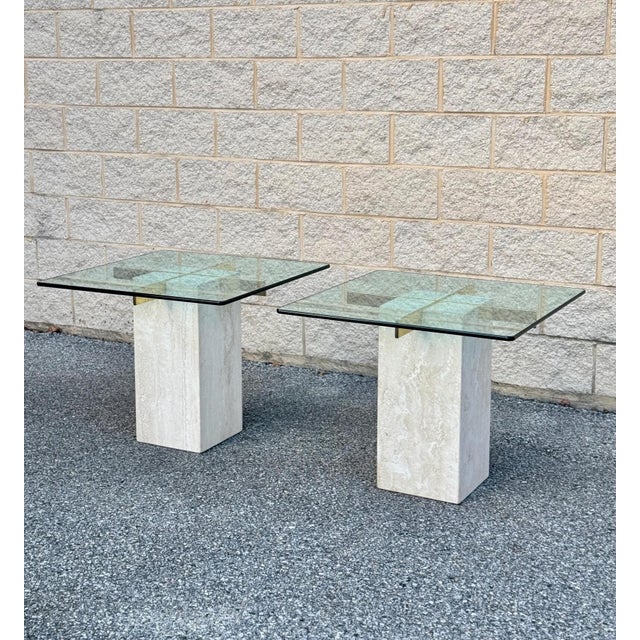 1980s Post Modern Glass Top Side Tables With Travertine Bases - A Pair For Sale In Philadelphia - Image 6 of 9