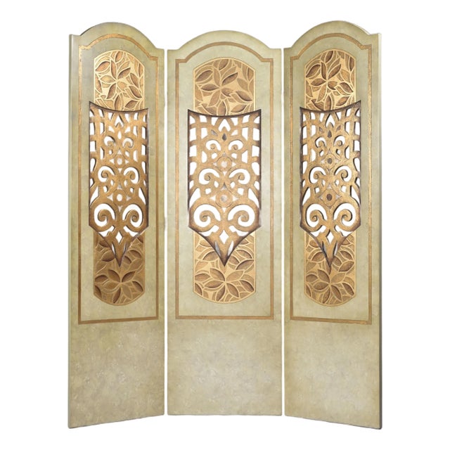 Italianate Gold Leaf and Cream Colored 3 Panel Room Divider Screen For Sale