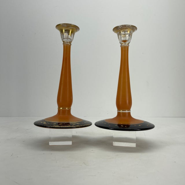 1930s Charles Schneider Style Art Deco Pressed Orange Glass Candlesticks - A Pair For Sale In Philadelphia - Image 6 of 12