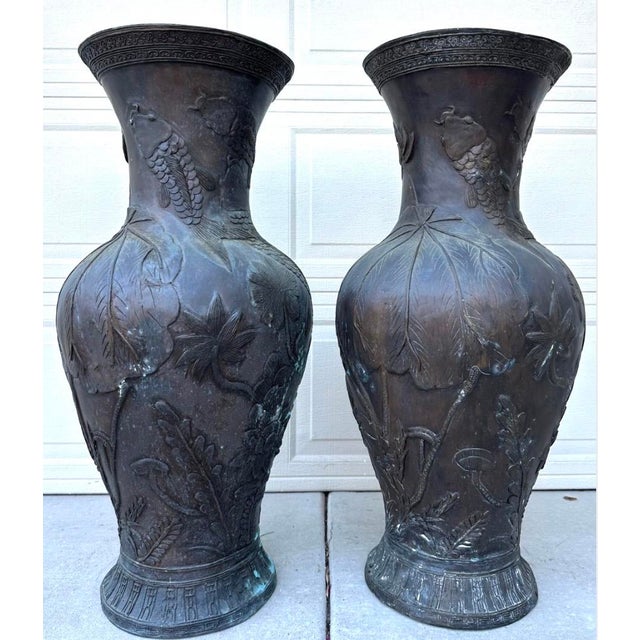 Japanese Monumental Pair Japanese Meiji Bronze Floor Vases Koi Fish, Lotus Flowers & Lily Pads... For Sale - Image 3 of 18