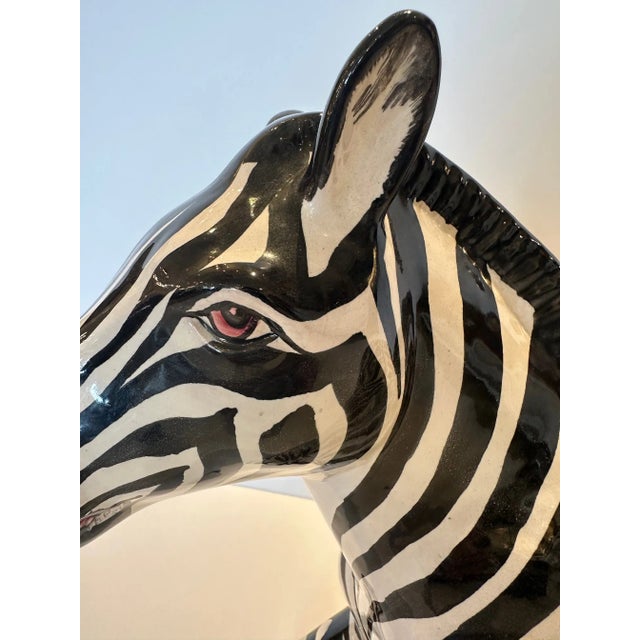 Traditional Black and White Glazed Terracotta Zebra Sculpture For Sale - Image 3 of 8