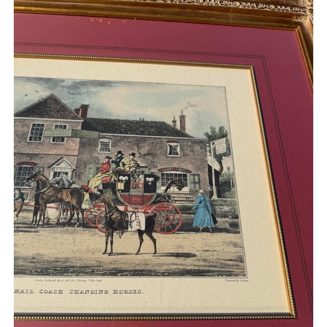 Gold Early 19th Century The Mail Coach Changing Horses, Originally Painted by James Pollard and Engraved by G. Reeves or R. Havell. For Sale - Image 8 of 14