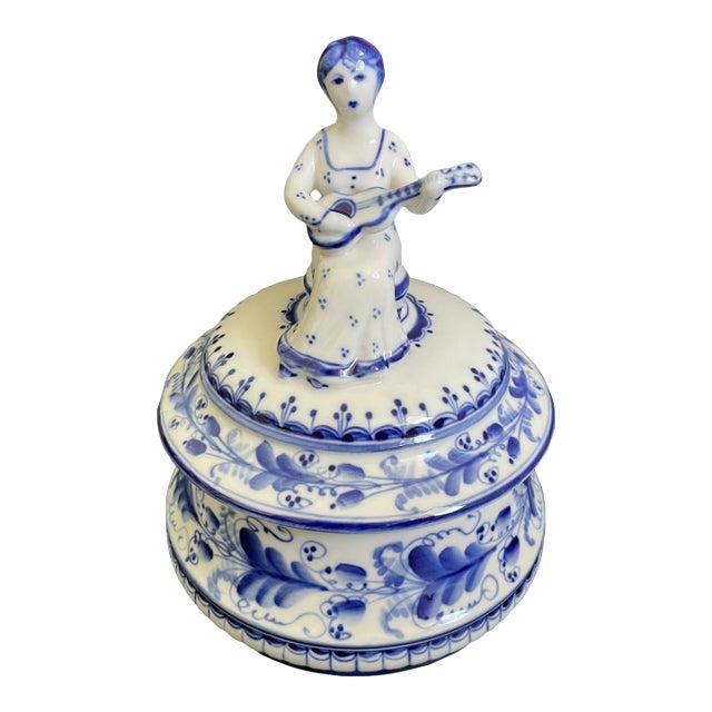 Vintage Gzhel Porcelain Lidded Trinket Box With Woman Play Guitar Finial For Sale
