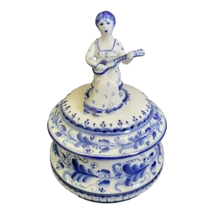 Vintage Gzhel Porcelain Lidded Trinket Box With Woman Play Guitar Finial