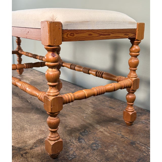 Vintage French Country Style Wood Upholstered Bench With Turned Legs For Sale - Image 9 of 12