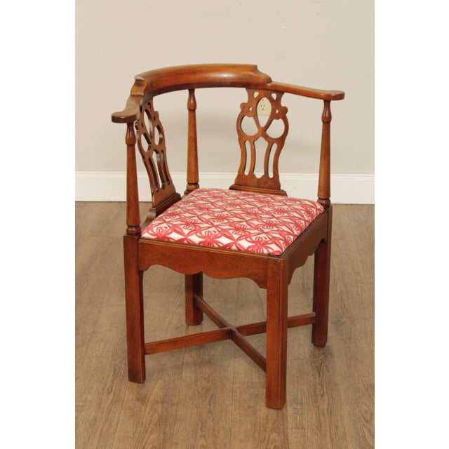 High Quality Vintage Solid Mahogany Framed Corner Chair Having Pierced and Carved Splat Back with Custom Upholstered Seat,...