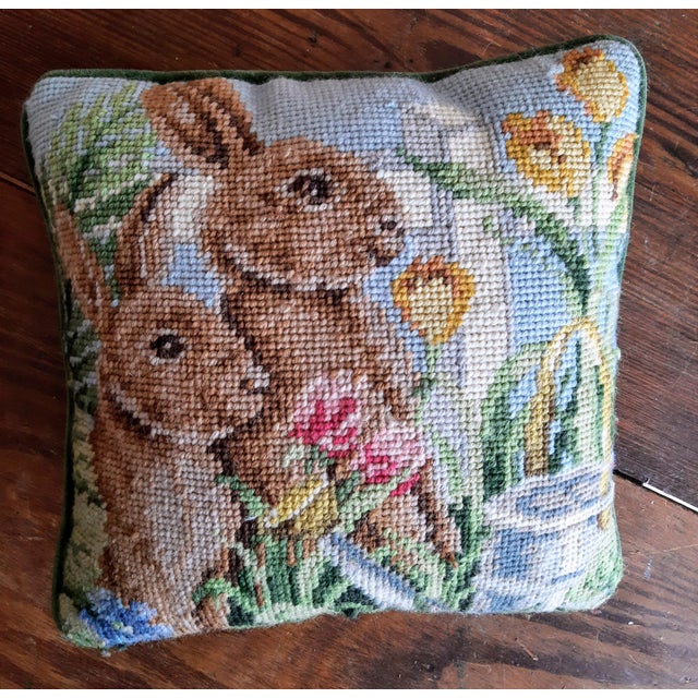 1980s Rabbit Bunny Needlepoint Velvet Pillow For Sale - Image 5 of 7