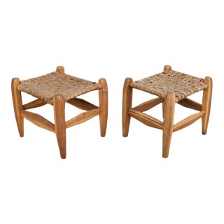 Pair of Primitive Woven Hickory Bark Rush Stool For Sale