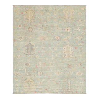 8x10 Modern Sage Green Oushak Style Hand-Knotted Wool Area Rug - Pastel Floral For Sale