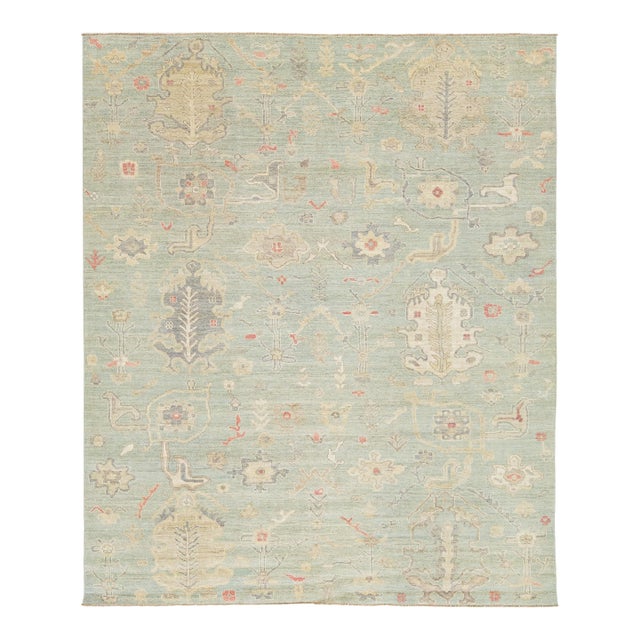 8x10 Modern Sage Green Oushak Style Hand-Knotted Wool Area Rug - Pastel Floral For Sale