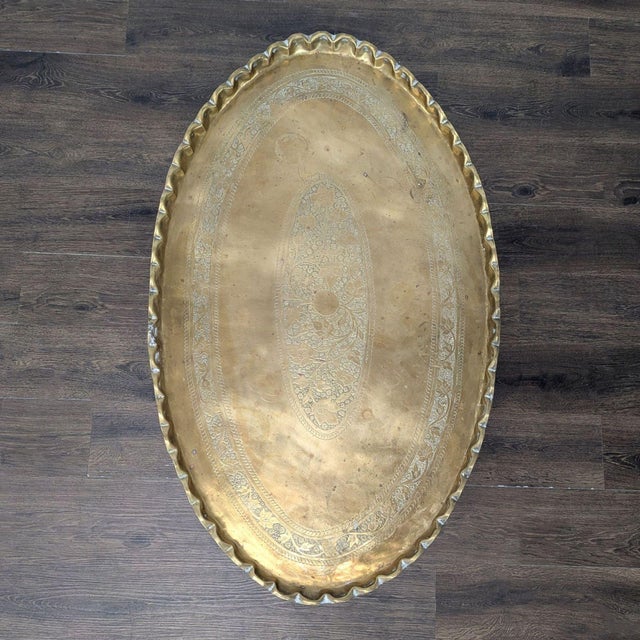 2000 - 2009 Brass Tray Top Coffee Table on Wood Stand For Sale - Image 5 of 6