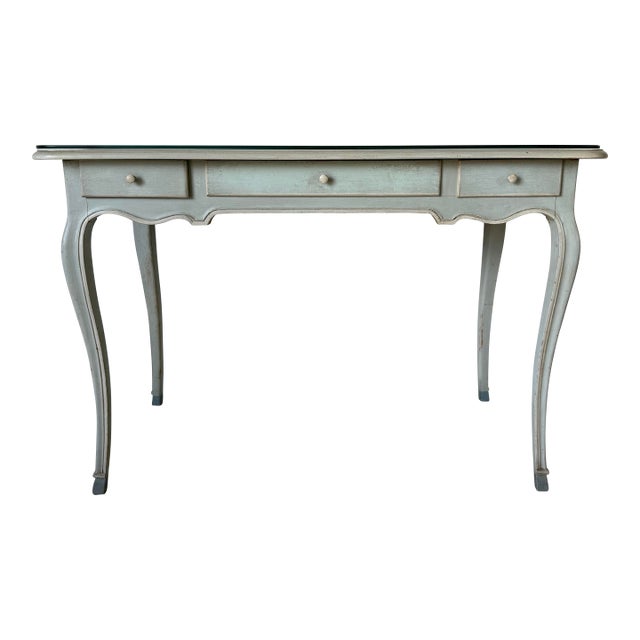 Vintage Italian French Provincial Louis XV Style Writing Desk With Glass Top For Sale