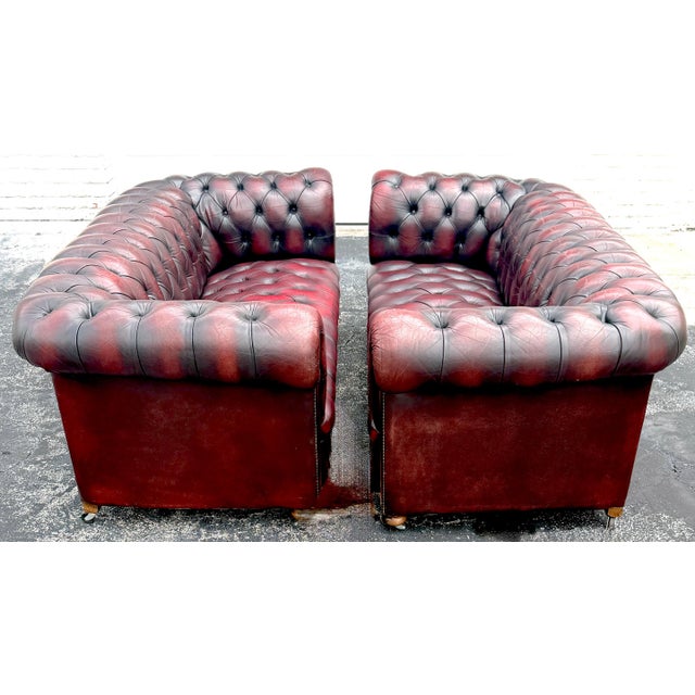 Animal Skin Pair of English Chesterfield Sofas in Burnished Burgundy Leather, Circa 1950s For Sale - Image 7 of 13