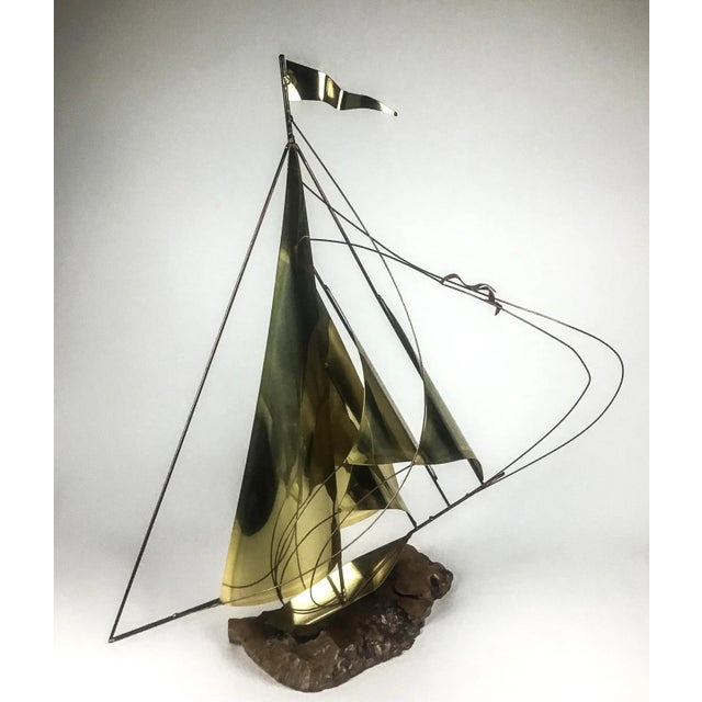 Vintage Brass Wood & Copper Artisan Sailboat Sculpture For Sale - Image 4 of 13