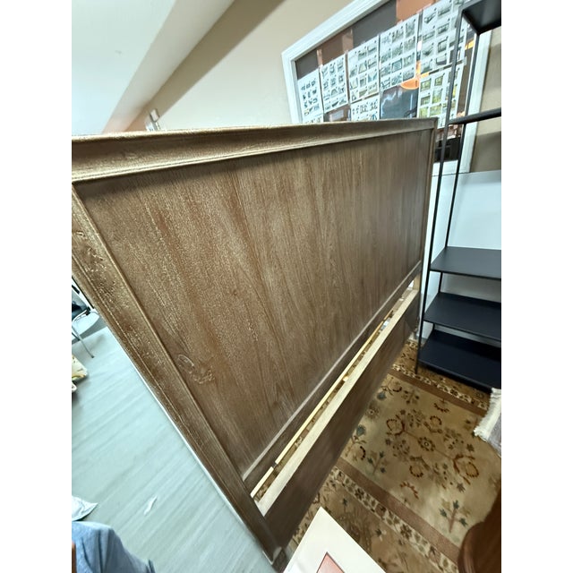 Taupe Queen Size Restoration Hardware Maison Fabric Panel Bed Frame, Antique Oak Finish For Sale - Image 8 of 12