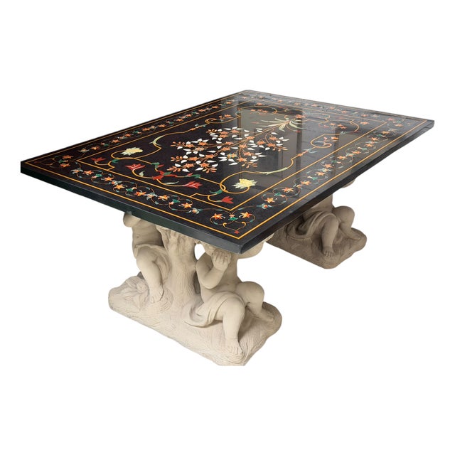 Roman Pietra Dura Inlaid Marble Table Stone Putti Base For Sale