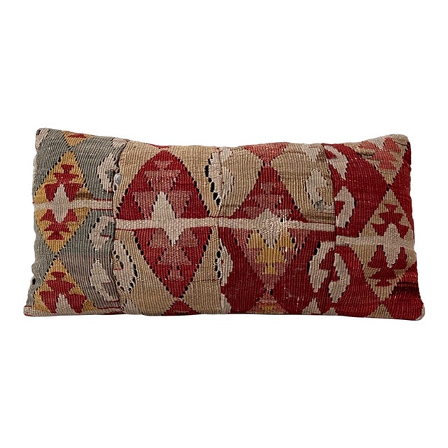 Vintage Turkish Kilim Lumbar Pillow | Handwoven Wool Decorative Cushion | 9 in X 17 In For Sale