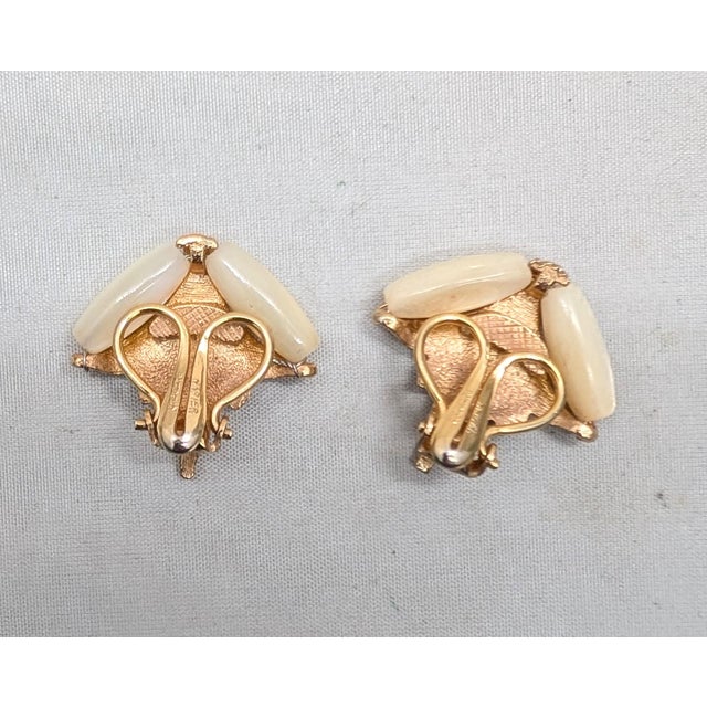 Metal Vintage Signed Napier Goldtone Mother-of-Pearl Clip Earrings-2 Pieces For Sale - Image 7 of 7