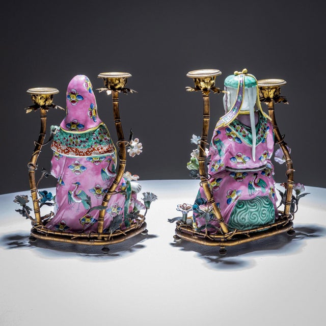 Famille Rose Style Candelabras with Chinoiserie Figures, 1900s, Set of 2 For Sale - Image 4 of 12