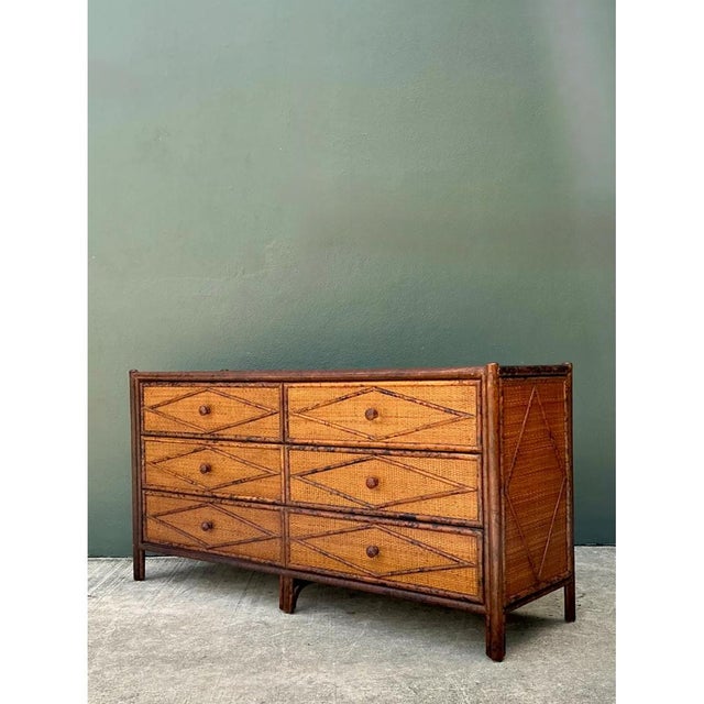 Vintage Diamond Rattan and Wood Six-Drawer Dresser For Sale - Image 9 of 12
