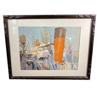 Jules Van De Leene, Marine Liner at Dock, 1920s, Gouache For Sale