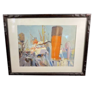 Jules Van De Leene, Marine Liner at Dock, 1920s, Gouache
