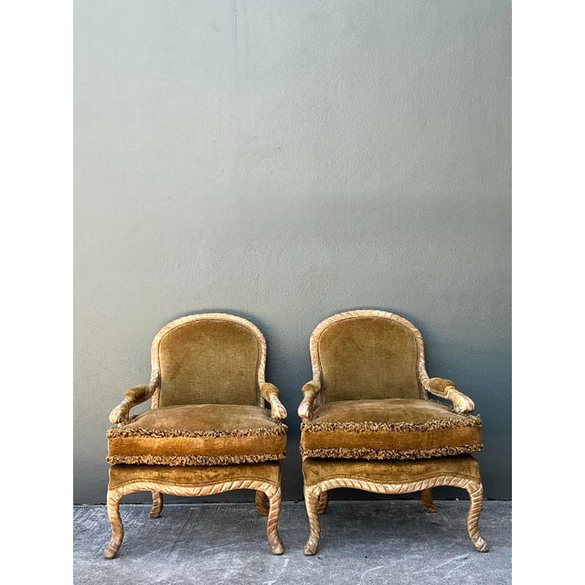 Vintage Velvet Fauteuil Chairs With Caterpillar Fringe For Sale - Image 11 of 12