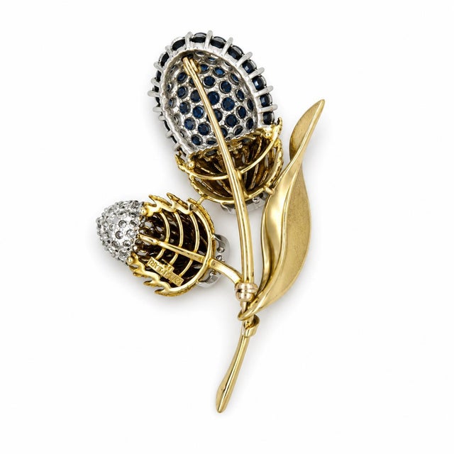 Modern Late 20th Century 18k Sapphire & Diamond Thistle Brooch For Sale - Image 3 of 3