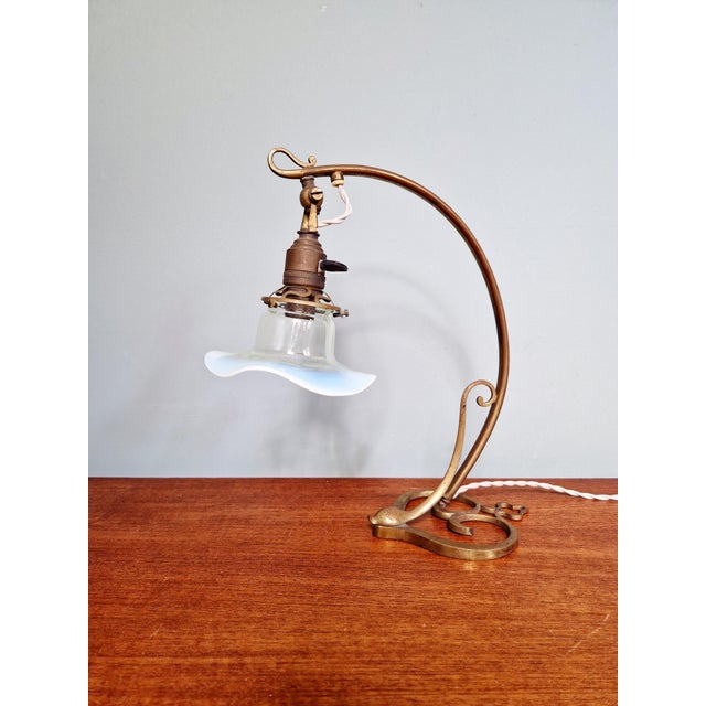 Art Nouveau Table Lamp in Bronze and Brass with Opalescent Glass Shade, France, 1900s For Sale - Image 14 of 14
