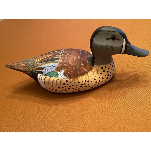 Vintage Signed 1983 Hutch Wooden Duck Decoy Glass Eyes Blue Wing Teal