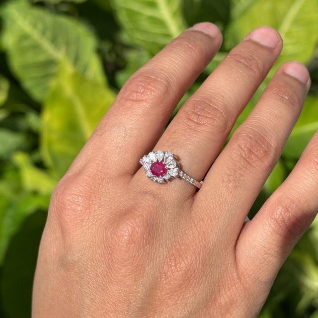 Etruscan Revival 18k Gold Mozambique Natural Ruby & Diamond Floral Halo Cocktail Ring Size 4 For Sale - Image 3 of 16