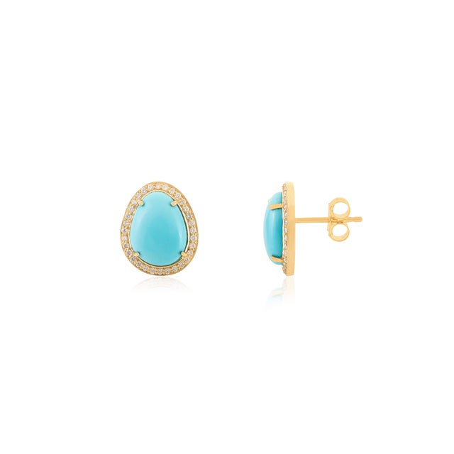 American 14k Gold 4.38 Ct Prong Set Turquoise Cabochon Diamond Halo Stud Earrings- A Pair For Sale - Image 3 of 11