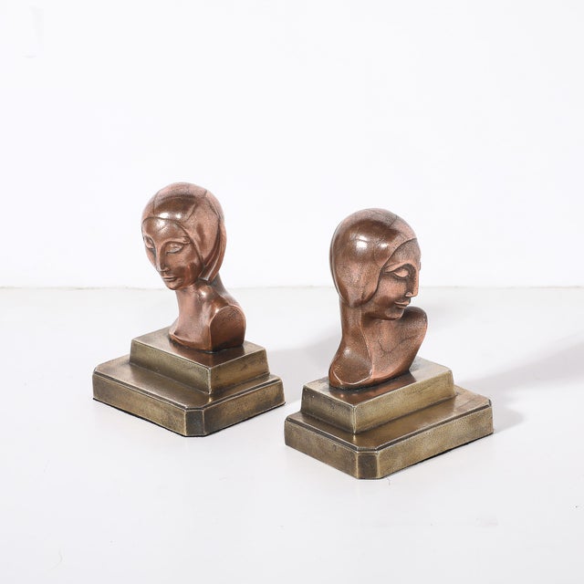 1930s Art Deco Machine Age Flapper Bookends in Copper & Antique Brass Signed Frankarts For Sale - Image 5 of 10