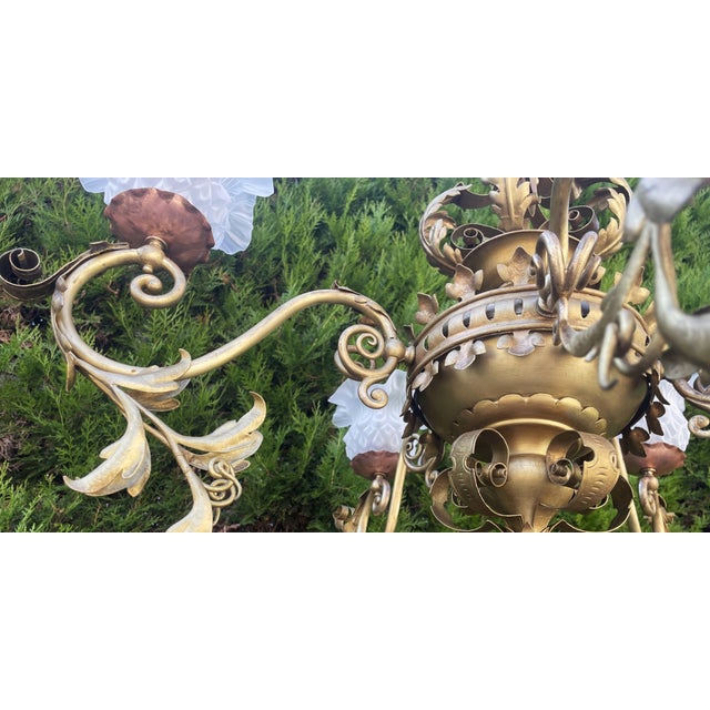 Antique Brass, Copper, and Glass 5-Arm Chandelier, 1900s For Sale - Image 18 of 18