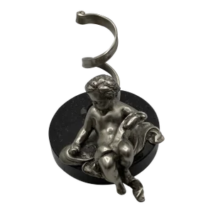 Vintage Global Views Silver-Tone Sitting Cherub Angel Marble Base Sculpture