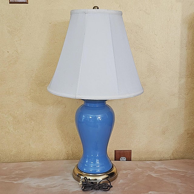 Vintage Blue Porcelain Urn Lamp With Brass Base - Hollywood Regency For Sale - Image 4 of 18