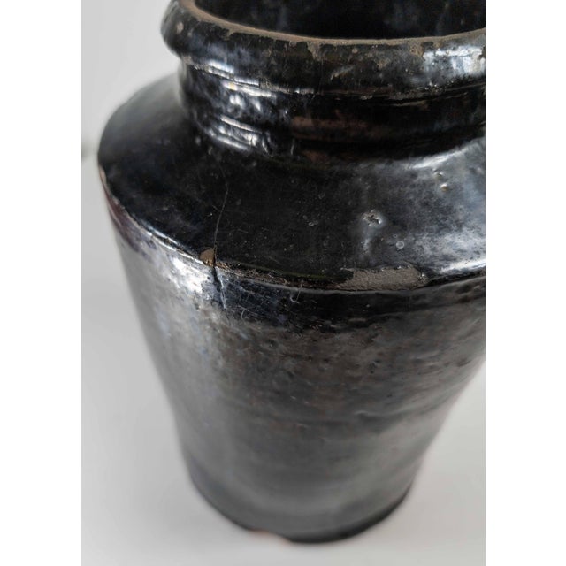 19th Century Rustic Primitive Black Glazed Redware Storage Jar For Sale - Image 10 of 12