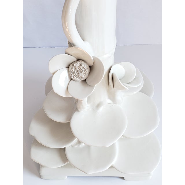 Mid Century Italian Ceramic Faux Bamboo & Lotus Flower Table Lamps-A Pair For Sale In New York - Image 6 of 13