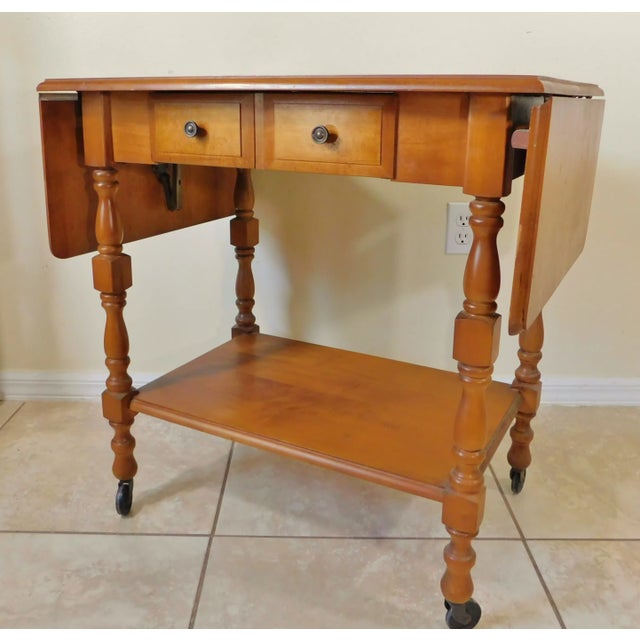 Mid-Century Modern Vintage Midcentury Solid Oak Wood Drop Leaf Rolling Table Server Cart W/ Drawer For Sale - Image 3 of 13